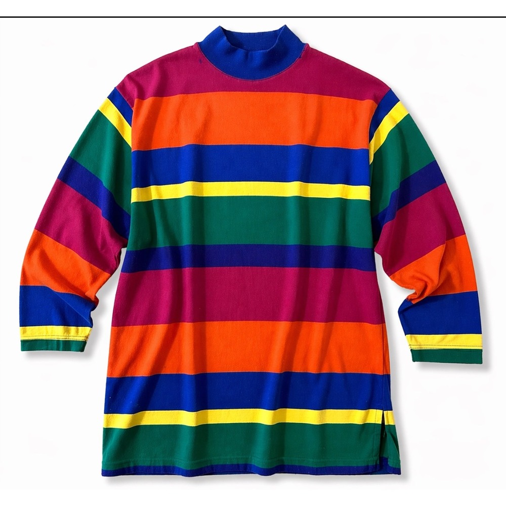 VTG 90s Rainbow Striped Mock Neck Top Colorblock Pullover Best American Large